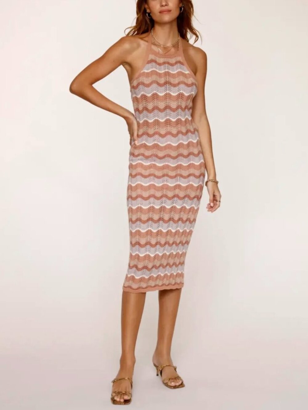 Heartloom Anka Halter Midi Dress S | Crochet Knit Chevron Wave Cotton Boho Bodyc